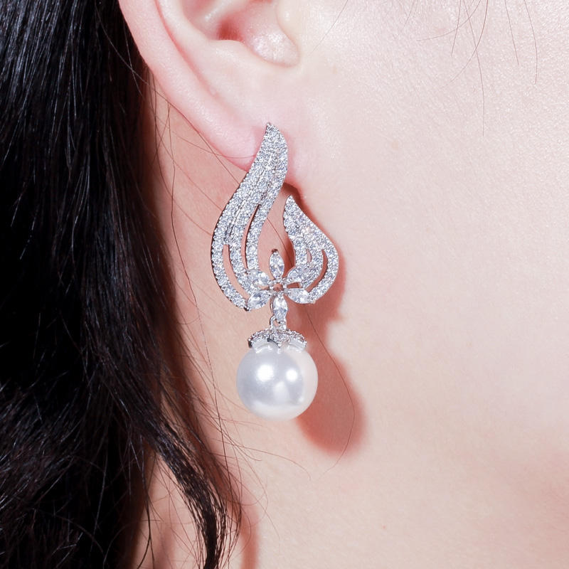 White gold plated cubic zirconia big drop pearl stud earring for girls