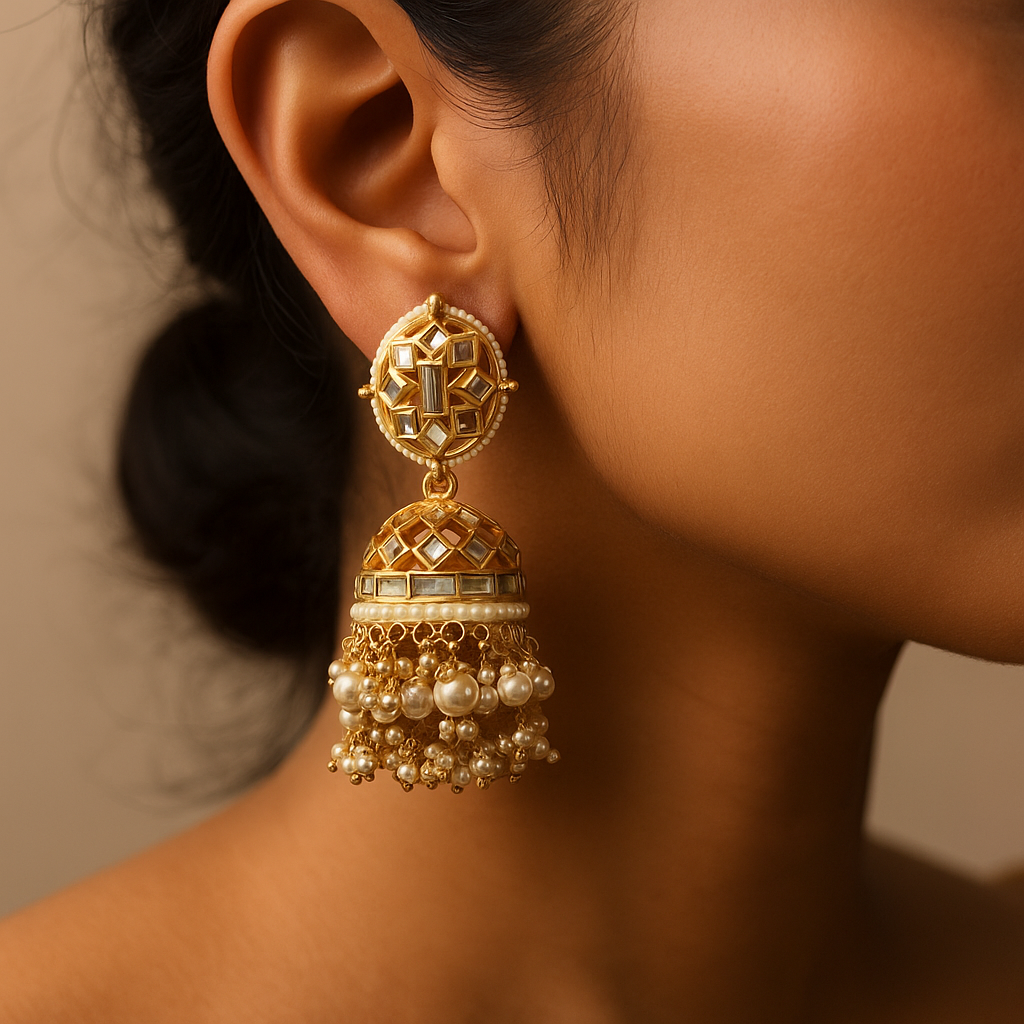 Gold and white jumki earring