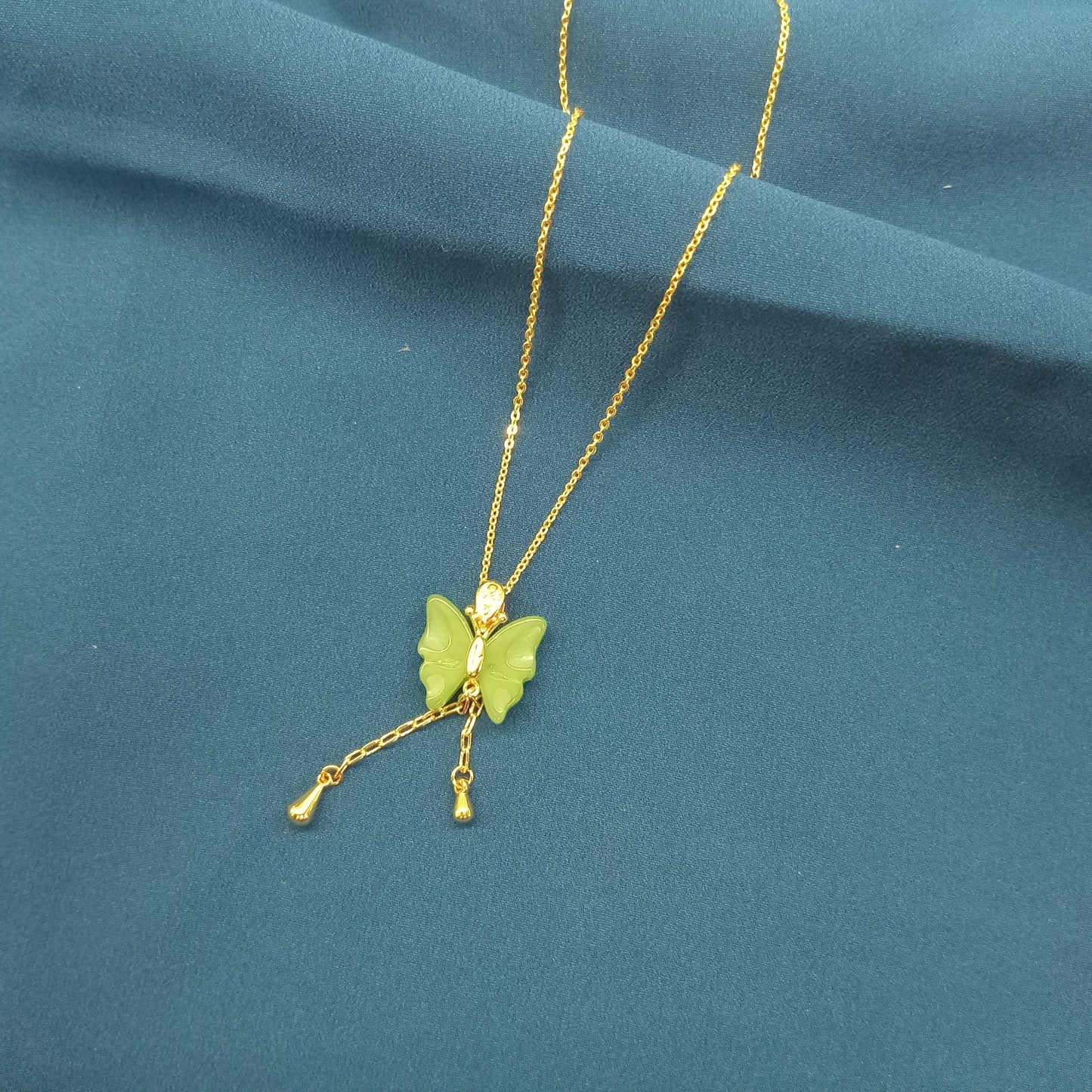Green Butterfly Pendant Necklace With Gold Chain For Girls