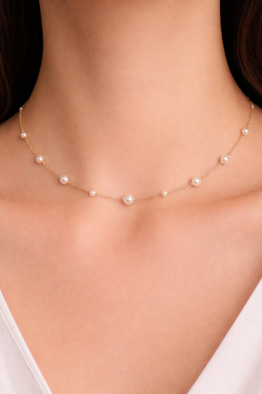 Double Pearl Gold Chain Necklace