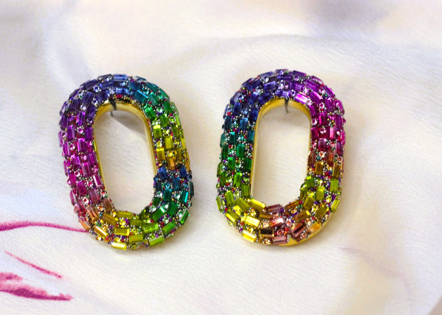 Multi color diamonds oval shaped big earring