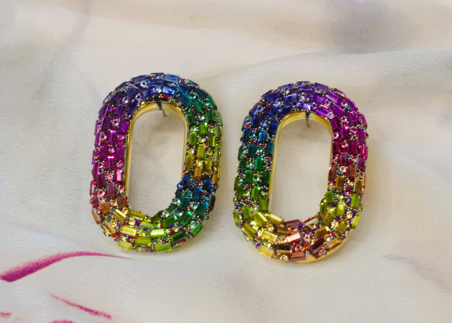 Multi color diamonds oval shaped big earring