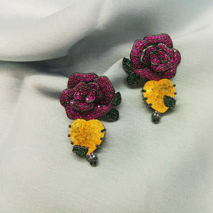 Luxury Cubic Zirconia Pink Rose Flower & Yellow Heart Leaf Dangle Earring