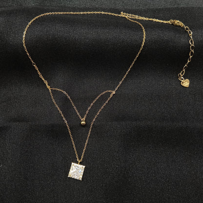 Gold Plated Square Shape Simple Diamond Pedant With Two Layer Necklace