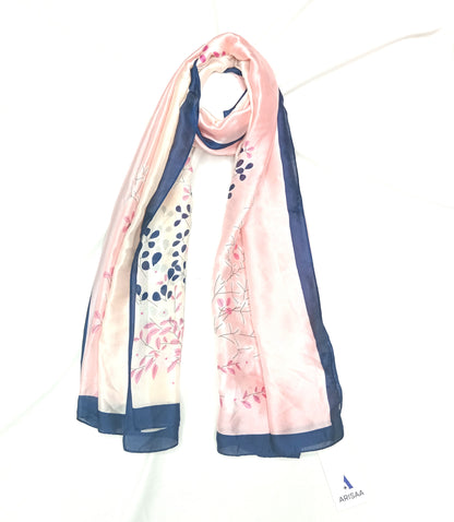 Pink Flower Printed Long Soft Silk Scarf