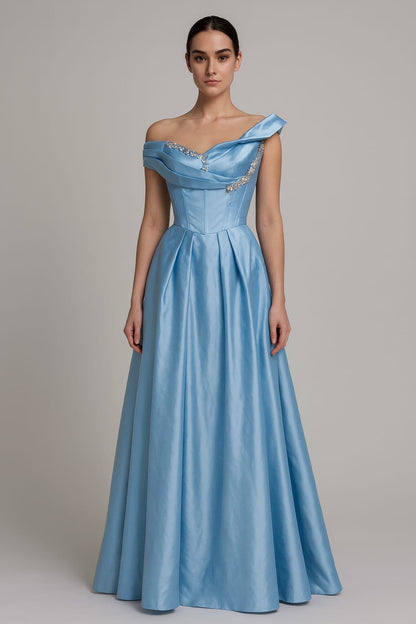 Sky Blue Silk Fabric Long Party Dress For Women