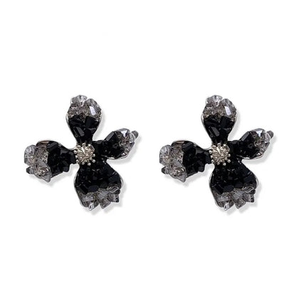 Black crystal flower stud earring