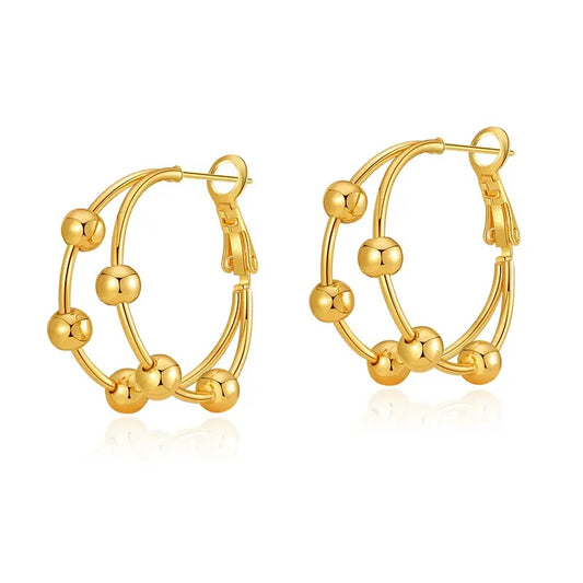 Gold round line with beads hoop earring