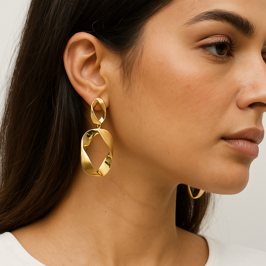 Gold matte dropping hoop earring