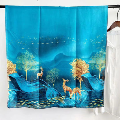 Deer and tree printed blue colour scarf