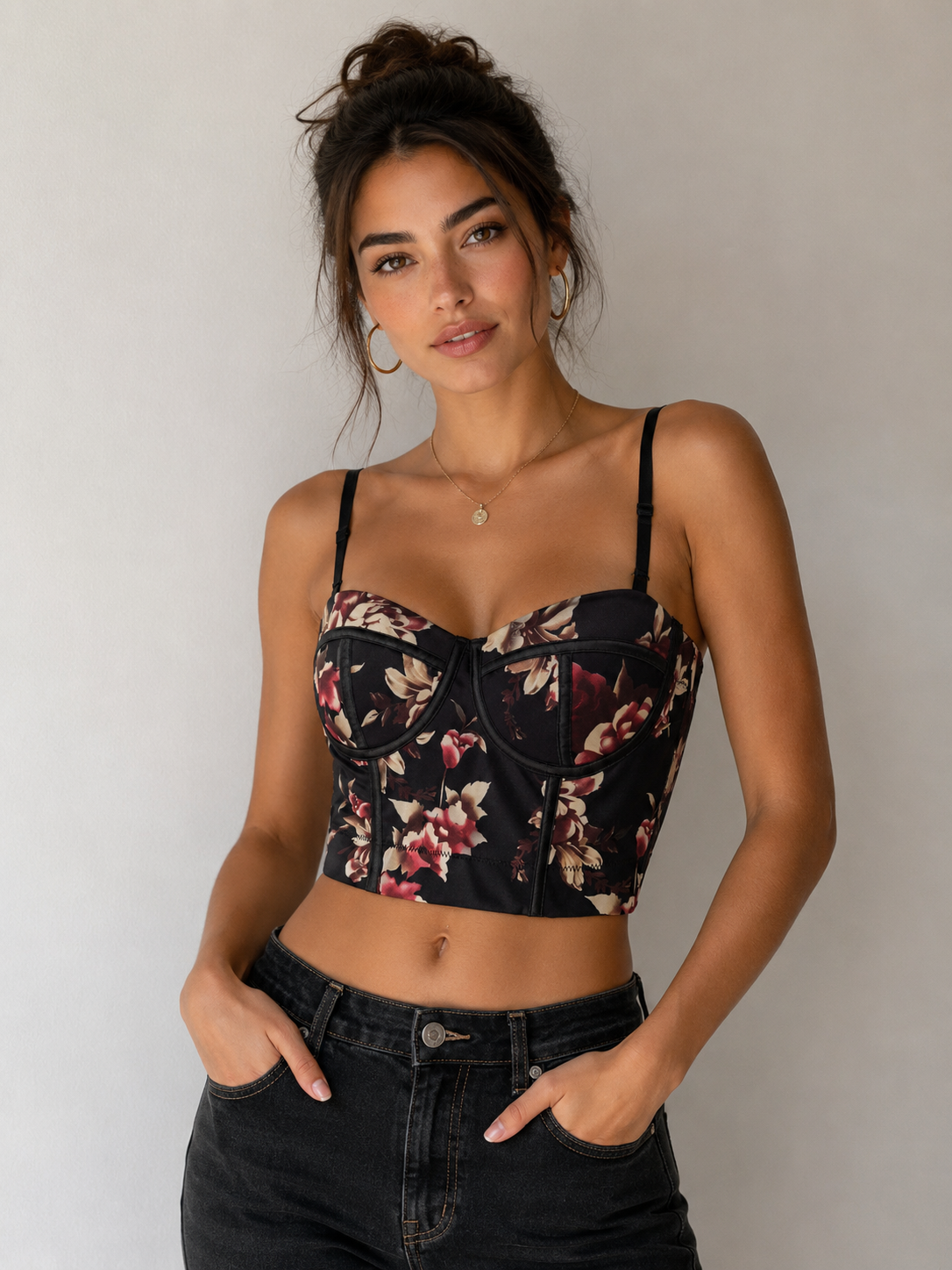 Flower Printed Black Corset Top