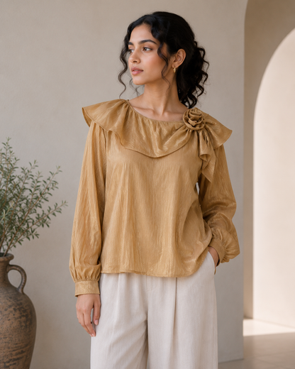 Round Neck Flower Brooch Top
