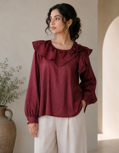 Round Neck Flower Brooch Top