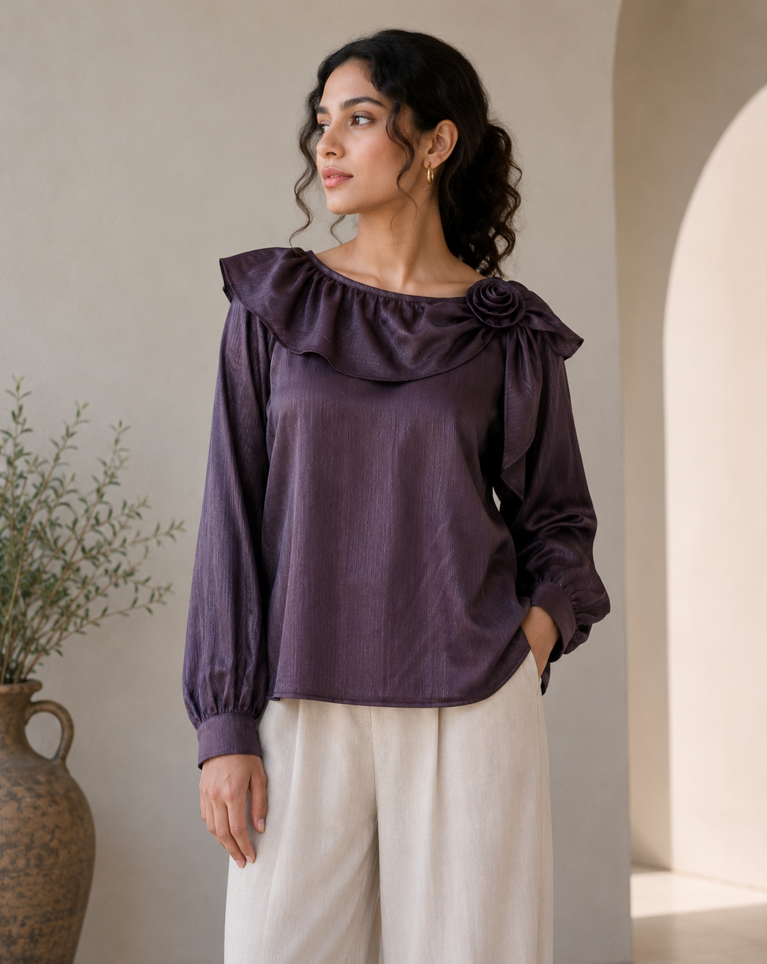 Round Neck Flower Brooch Top
