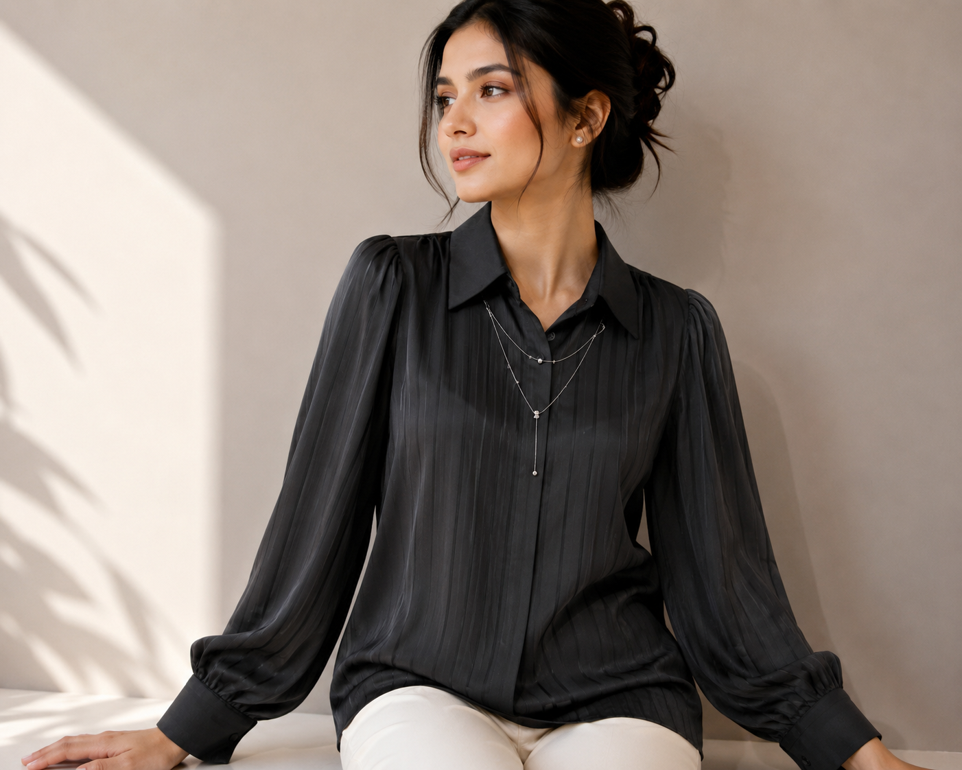 Charming Collar Necklace Stripe Satin Shirt
