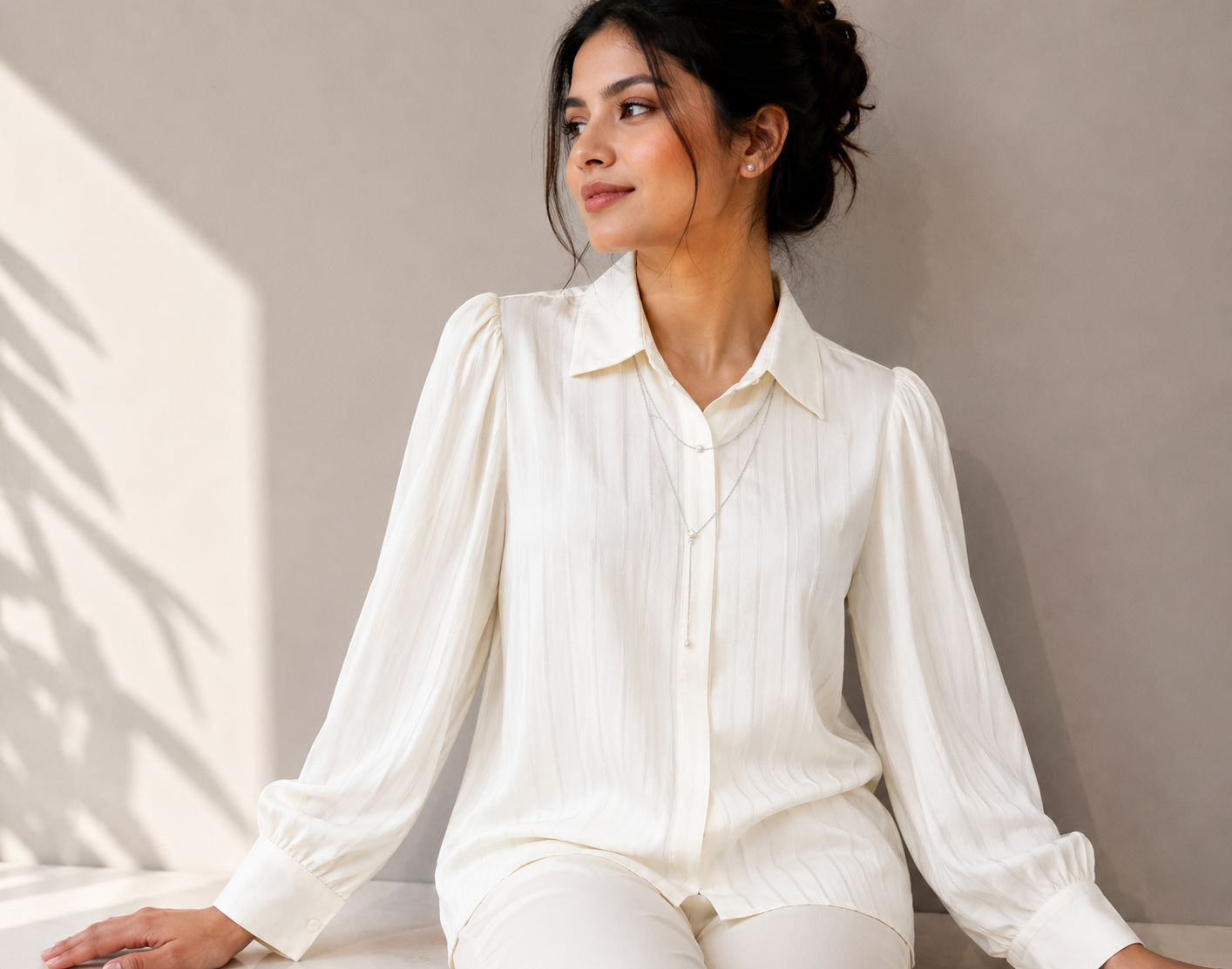 Charming Collar Necklace Stripe Satin Shirt