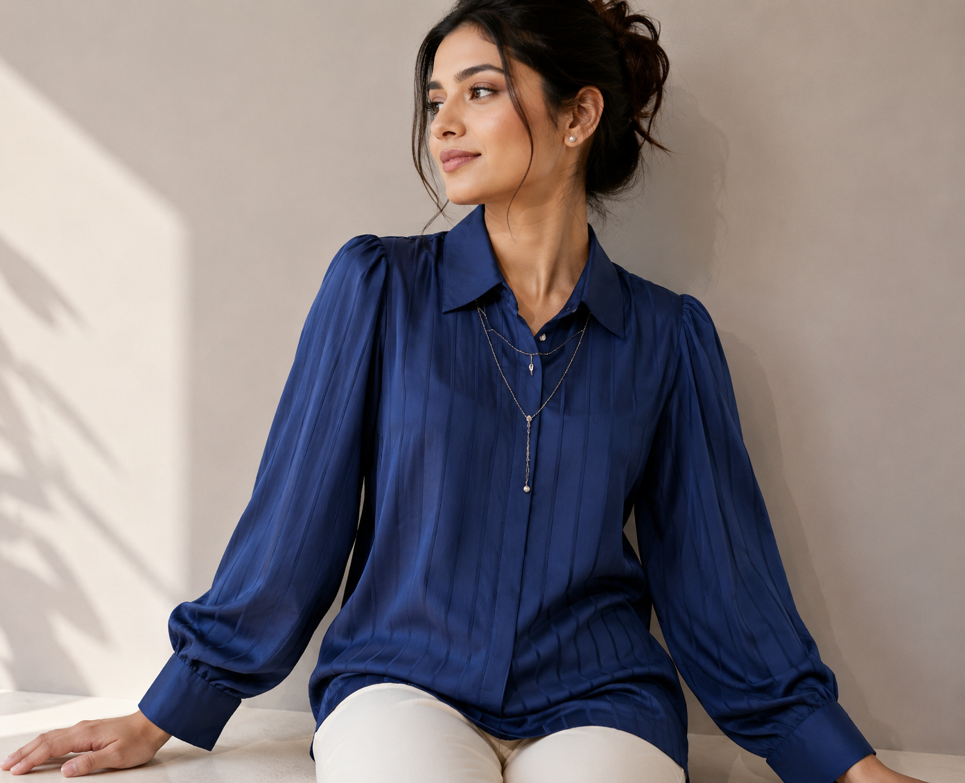Charming Collar Necklace Stripe Satin Shirt