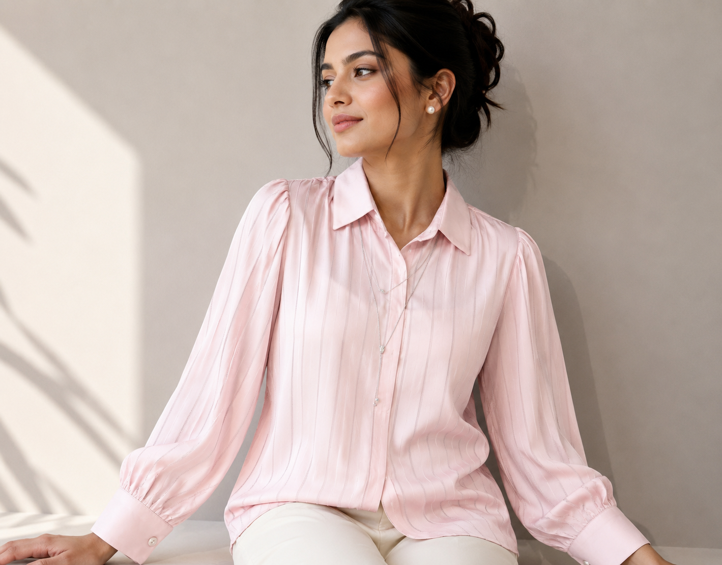 Charming Collar Necklace Stripe Satin Shirt