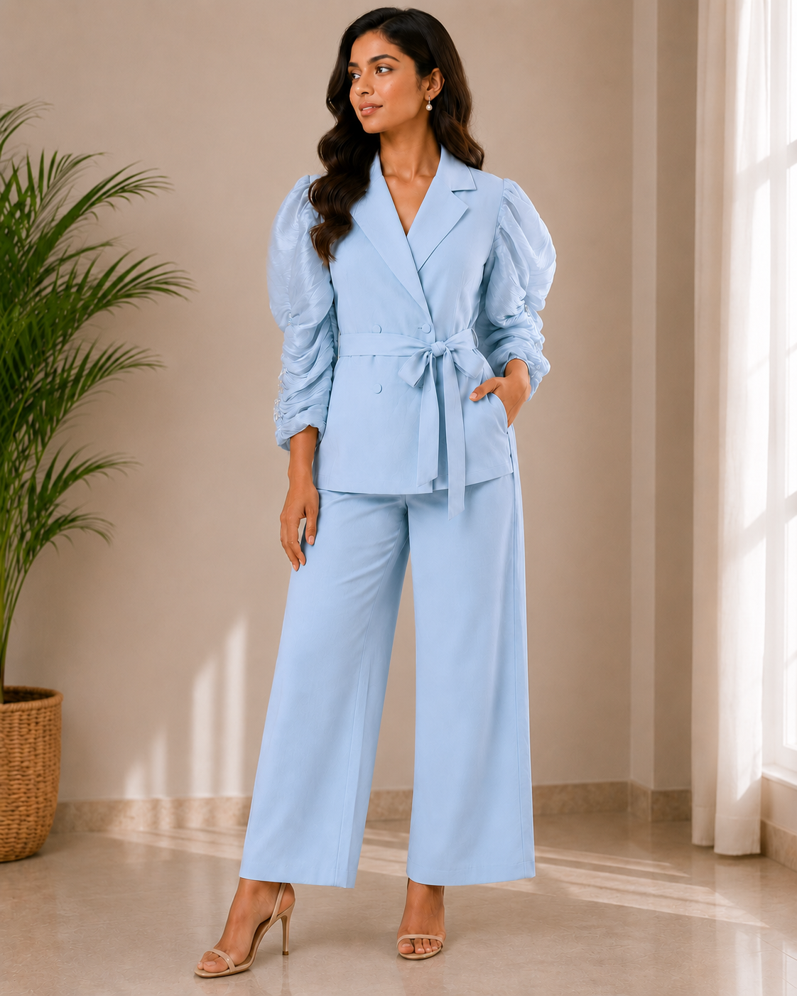 Stylish Puffed Sleeve Knot Top With Pant
