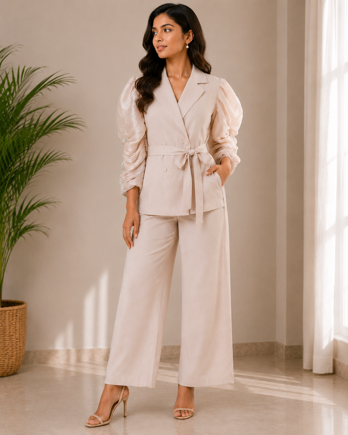 Stylish Puffed Sleeve Knot Top With Pant