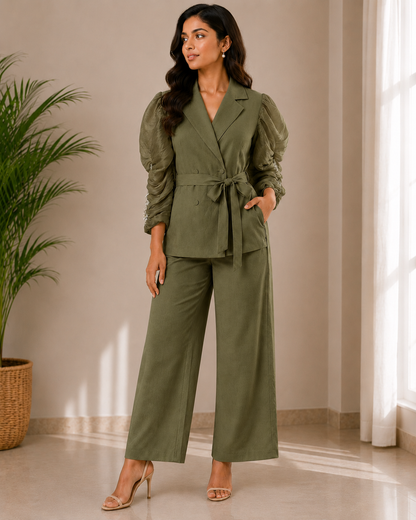 Stylish Puffed Sleeve Knot Top With Pant