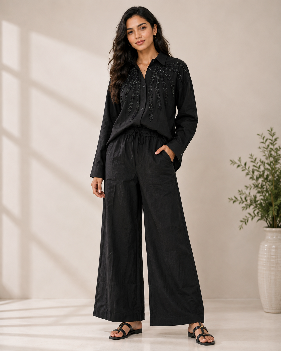 Pretty Leaf Artwork Shirt With Pant Set