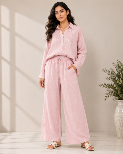 Pretty Leaf Artwork Shirt With Pant Set