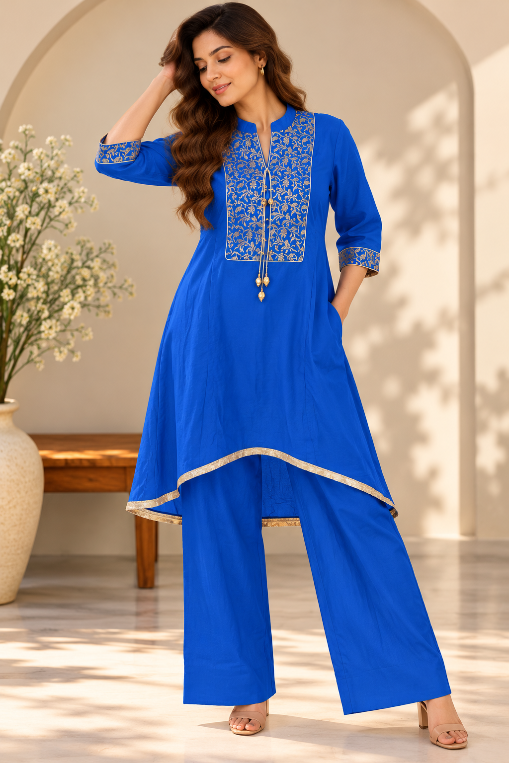 Royal Blue Gold-Trimmed Kurta Set