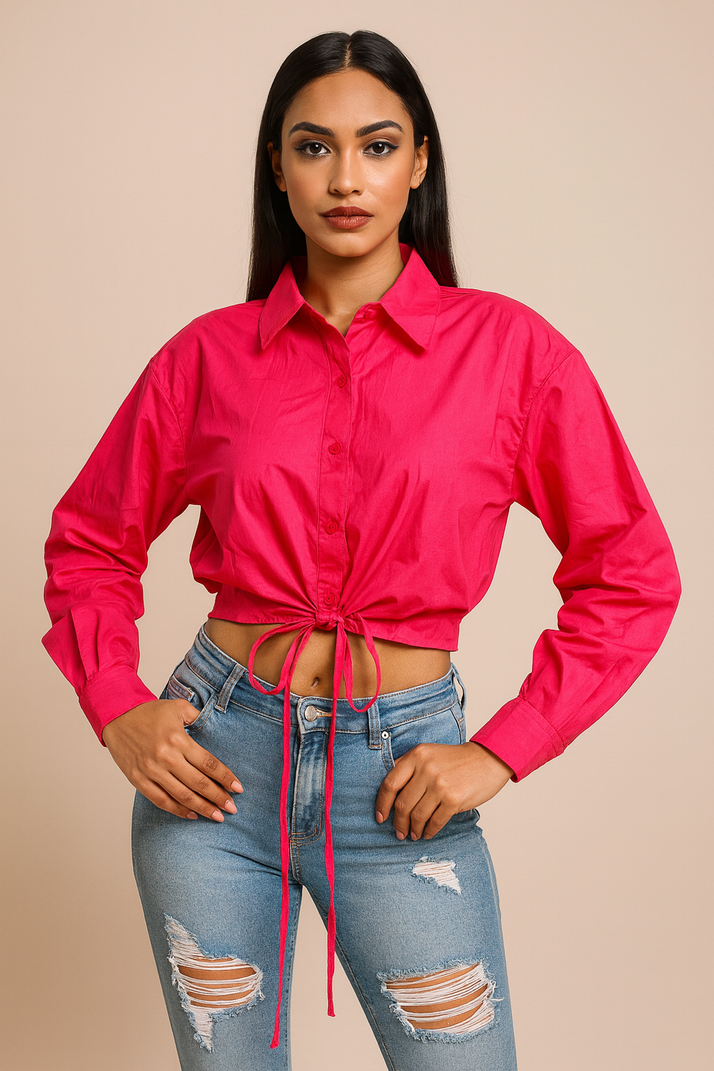 Crop Shirt With Long Fancy Knot For Women