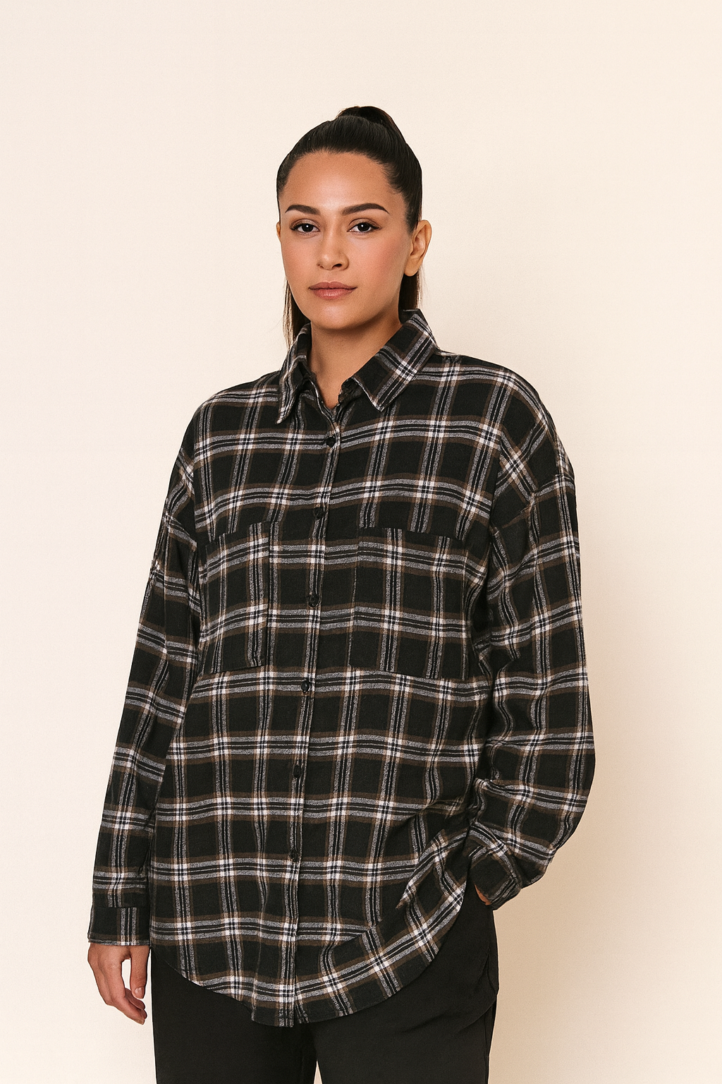 Long Shirt With Checks Print For Ladies
