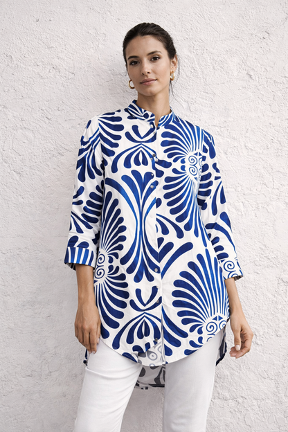 Abstract Floral High-Low Button-Down Tunic Shirt