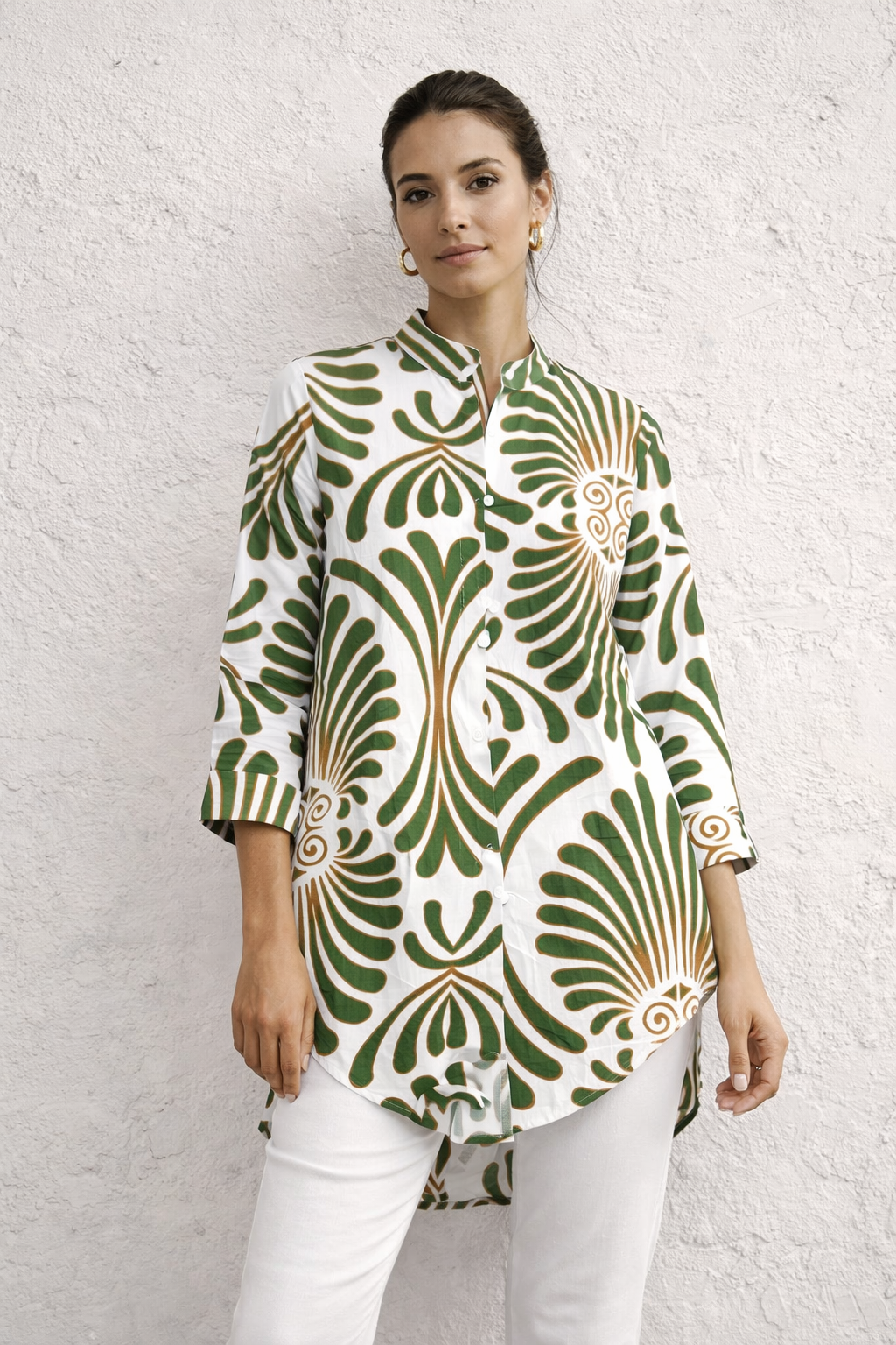 Abstract Floral High-Low Button-Down Tunic Shirt