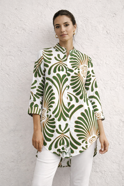 Abstract Floral High-Low Button-Down Tunic Shirt