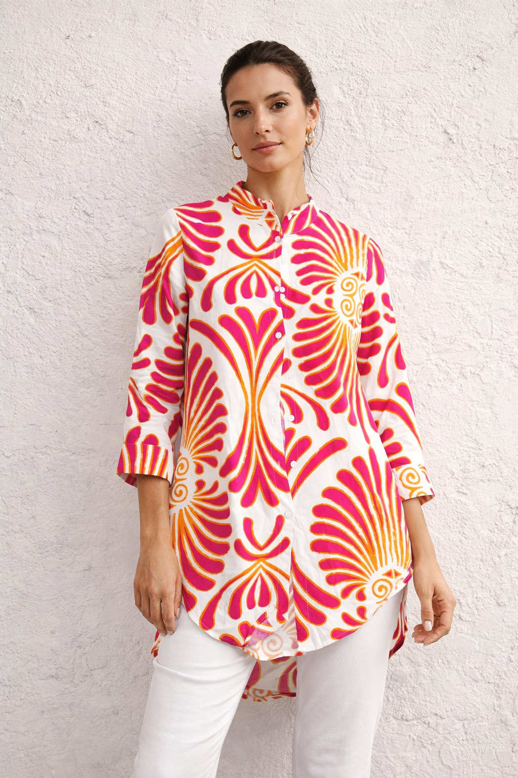 Abstract Floral High-Low Button-Down Tunic Shirt