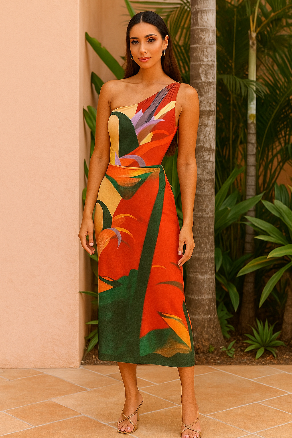 Printed one side off swimming suit with skirt