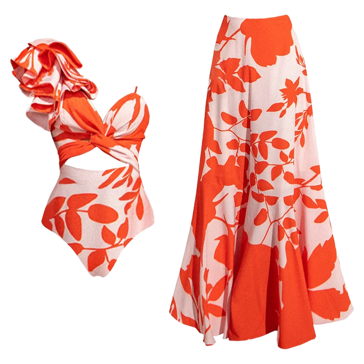 Orange ruffed swimming suit with skirt