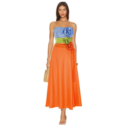 Stylish  orange swimwear with silk skirt