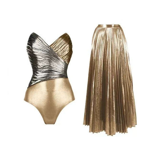 Glossy gold colour swim suit with skirt