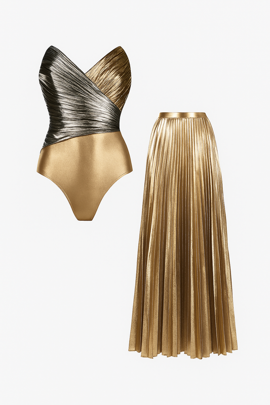Glossy gold colour swim suit with skirt