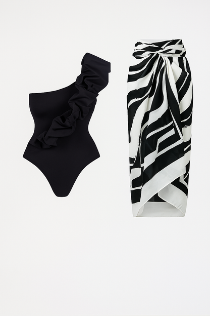 Black and white print silk swim wear
