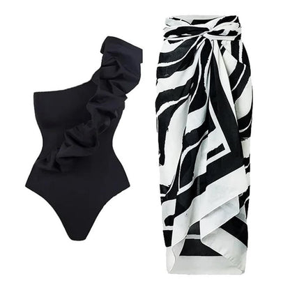 Black and white print silk swim wear