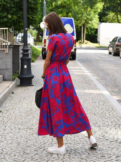 V neck red and blue print long piece