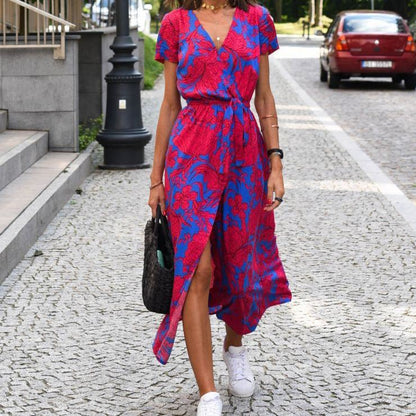 V neck red and blue print long piece
