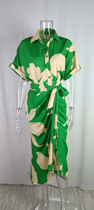 Green colour with off yellow print neck dress