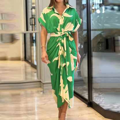 Green colour with off yellow print neck dress