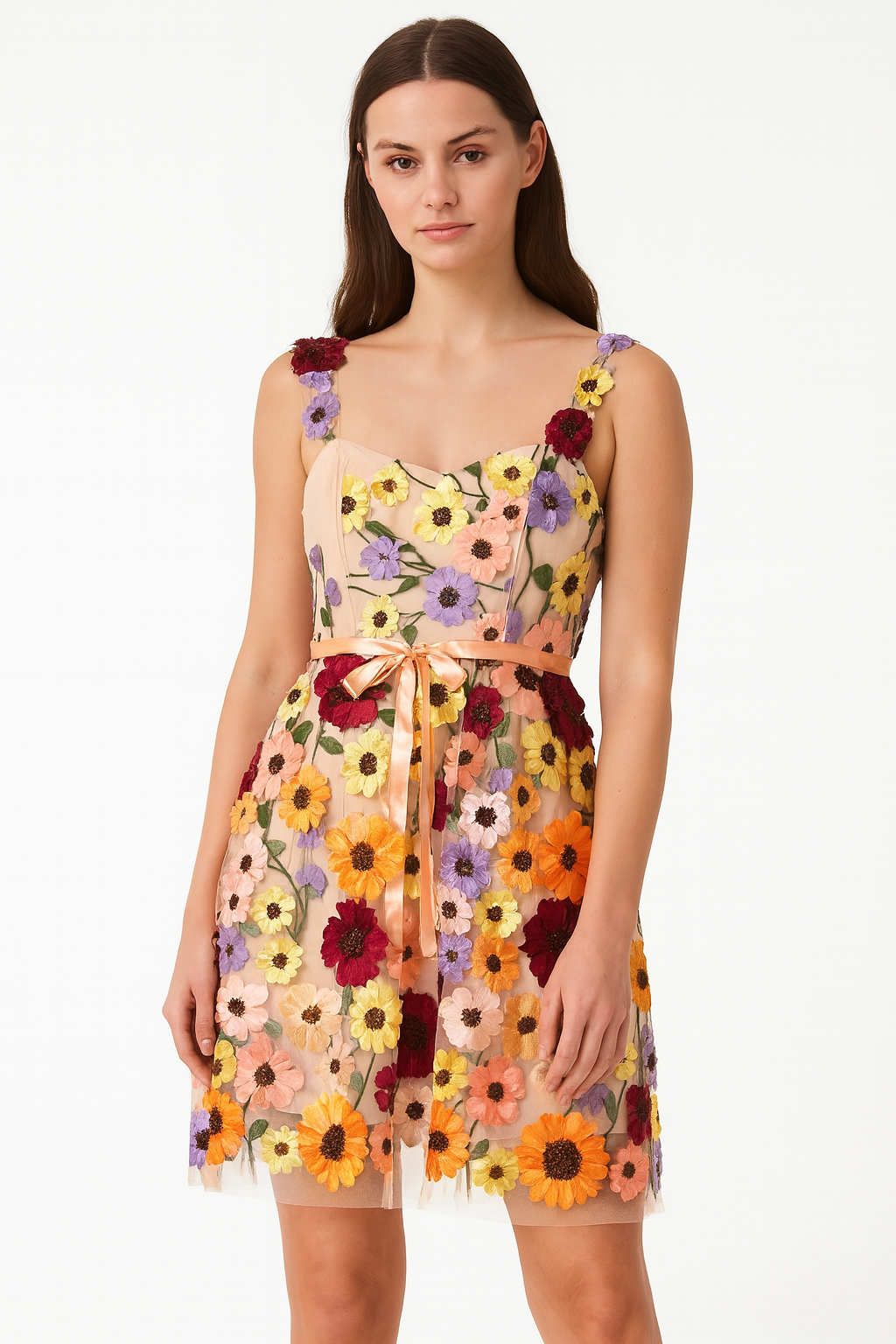 Gorgeous flower design short sleeves dress for women