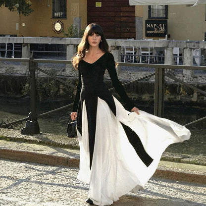 Black and white two layer long dress