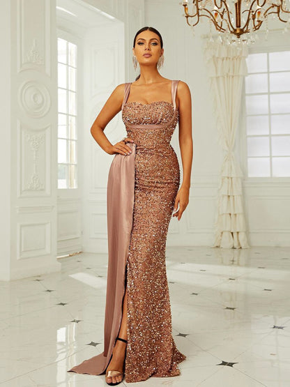 Spaghetti Strap Beaded Mermaid Gown