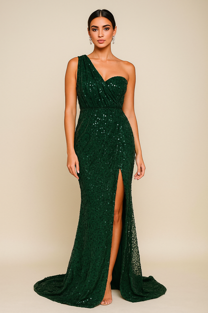 Green long off shoulder gown