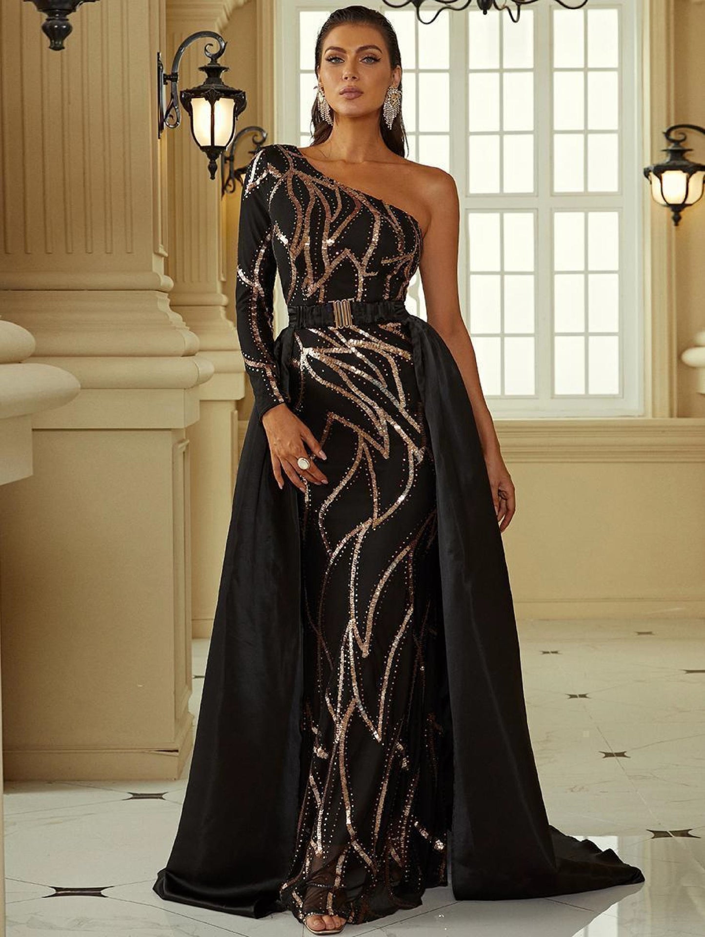 One-Shoulder Black & Gold Sequin Mermaid Dress